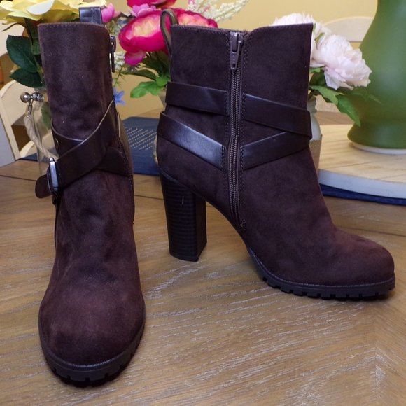 Apt.9 Dark Brown Suede - Leather Strapped Zipper Booties  - Size 7.5 - Picture 3 of 6